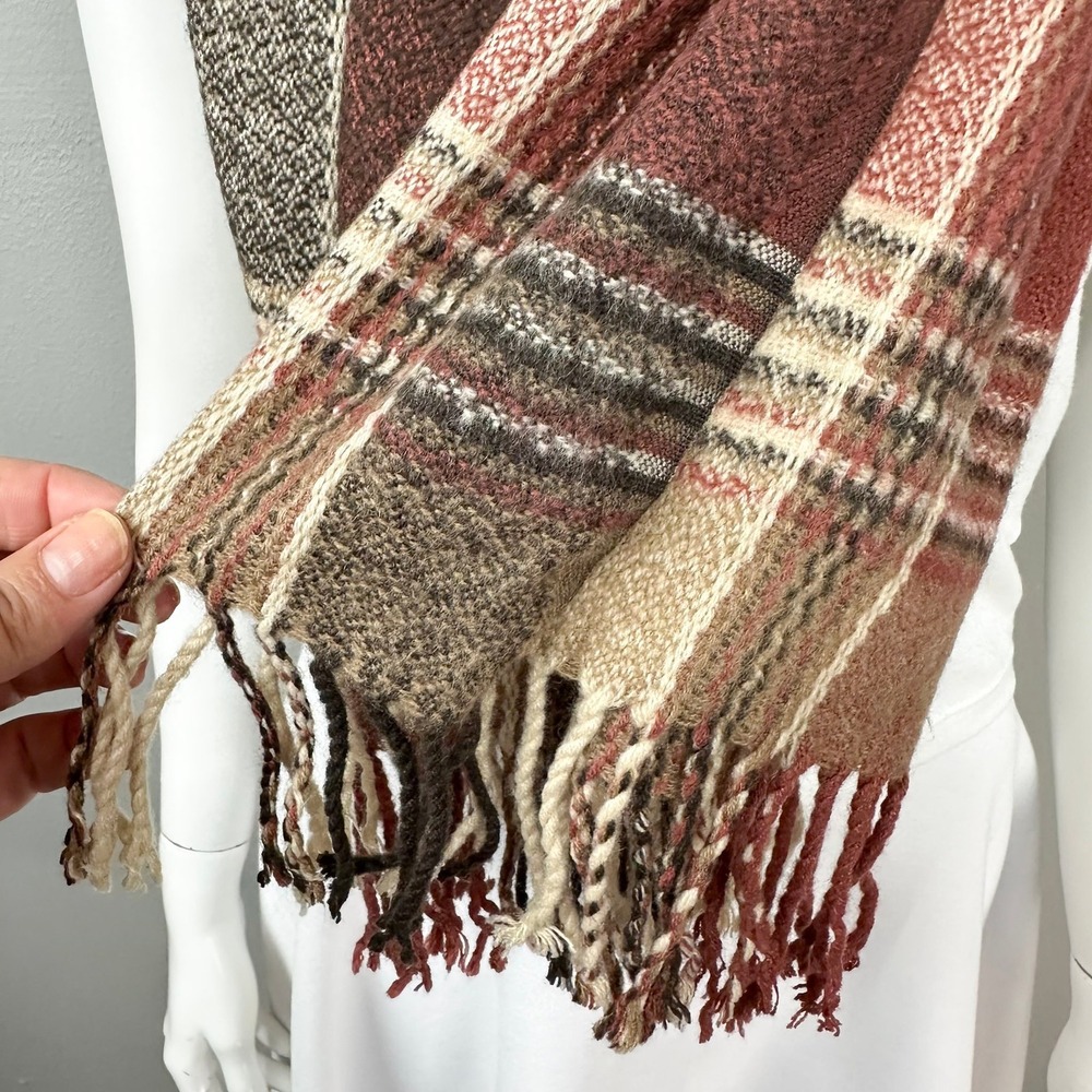 Plaid Scarf Neckwarmer OS Beige Brown Fall Fringe Cozy Fuzzy Soft Long Rectangle - Picture 3 of 6